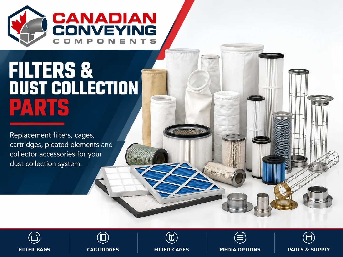 Range of filter bags, cartridges, support cages and dust collector replacement accessories