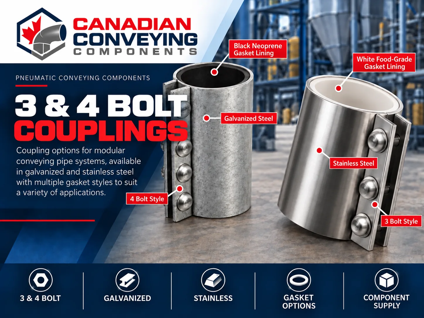 Three and four bolt pneumatic pipe couplings in galvanized and stainless steel with black and white rubber linings
