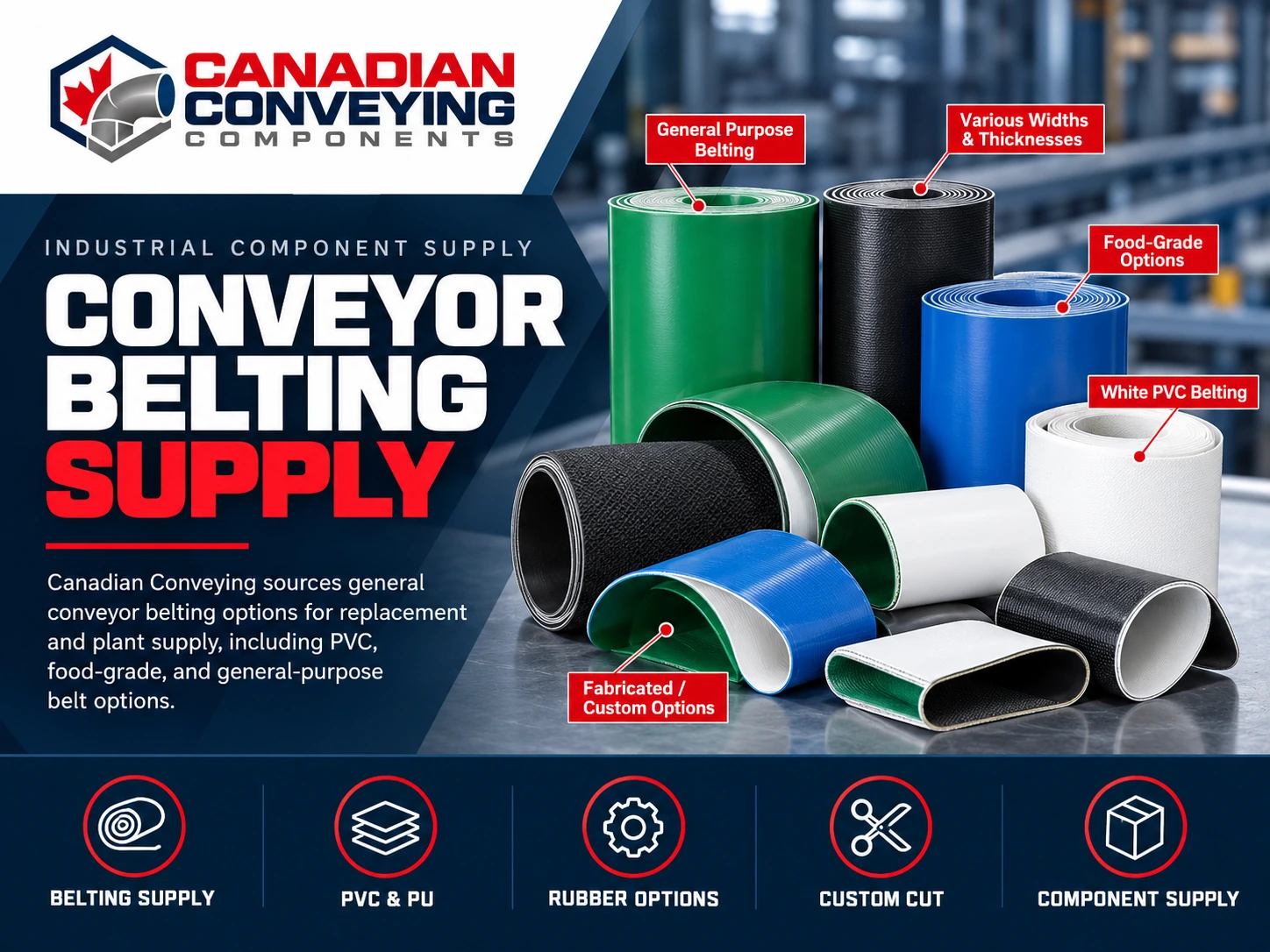 Selection of white PVC, green, blue and black conveyor belts in rolls and custom configurations