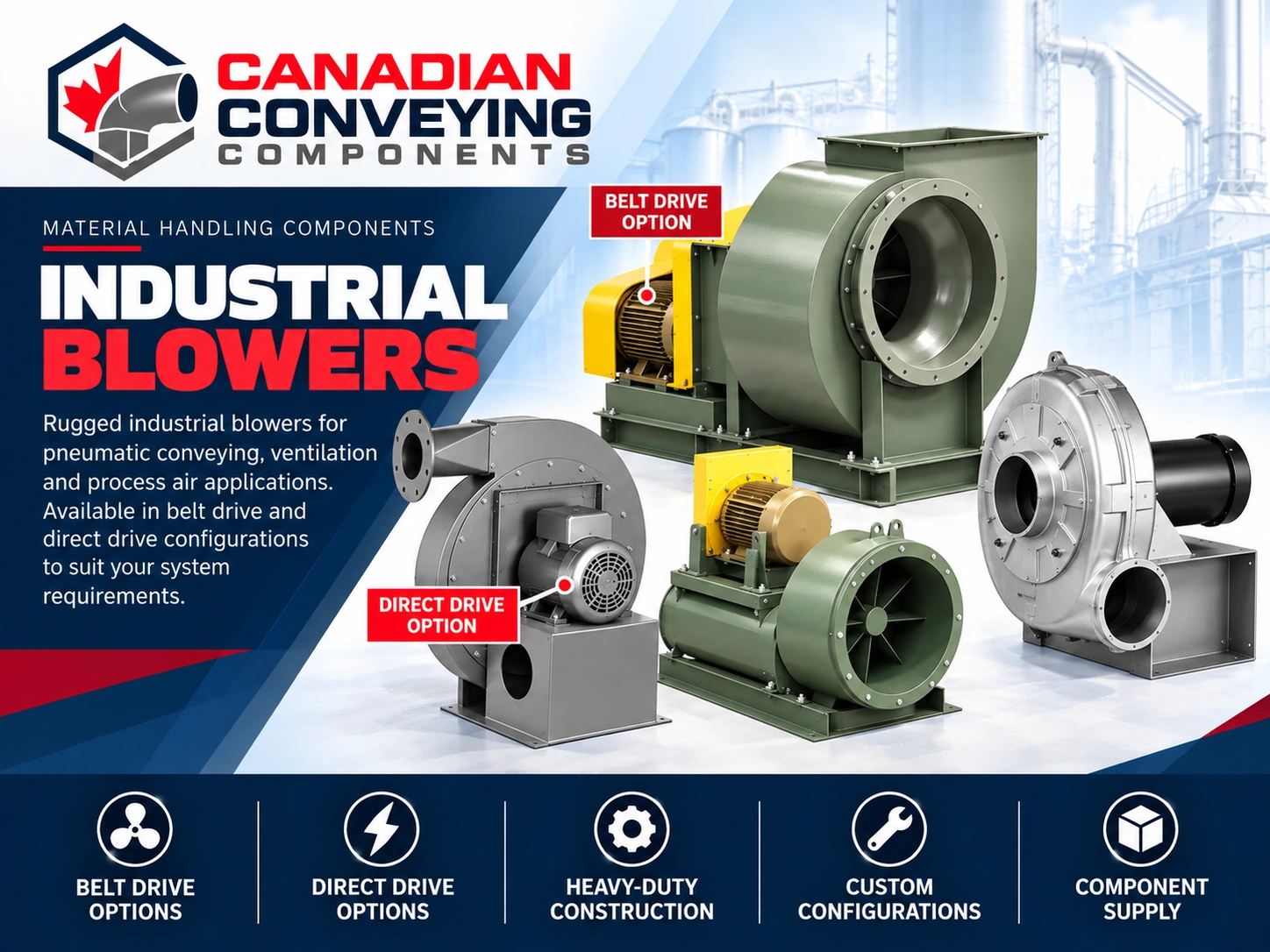 Industrial centrifugal blowers and fans with belt-drive and direct-drive configurations, multiple housing styles and motor arrangements