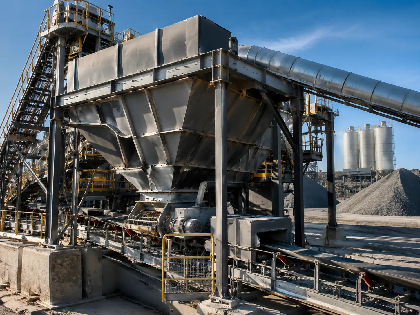 Aggregate and industrial material handling plant with hoppers, conveyors and heavy-duty equipment
