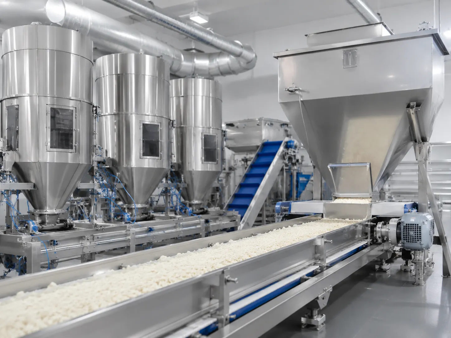 Stainless food and ingredient processing equipment with hoppers and conveying line