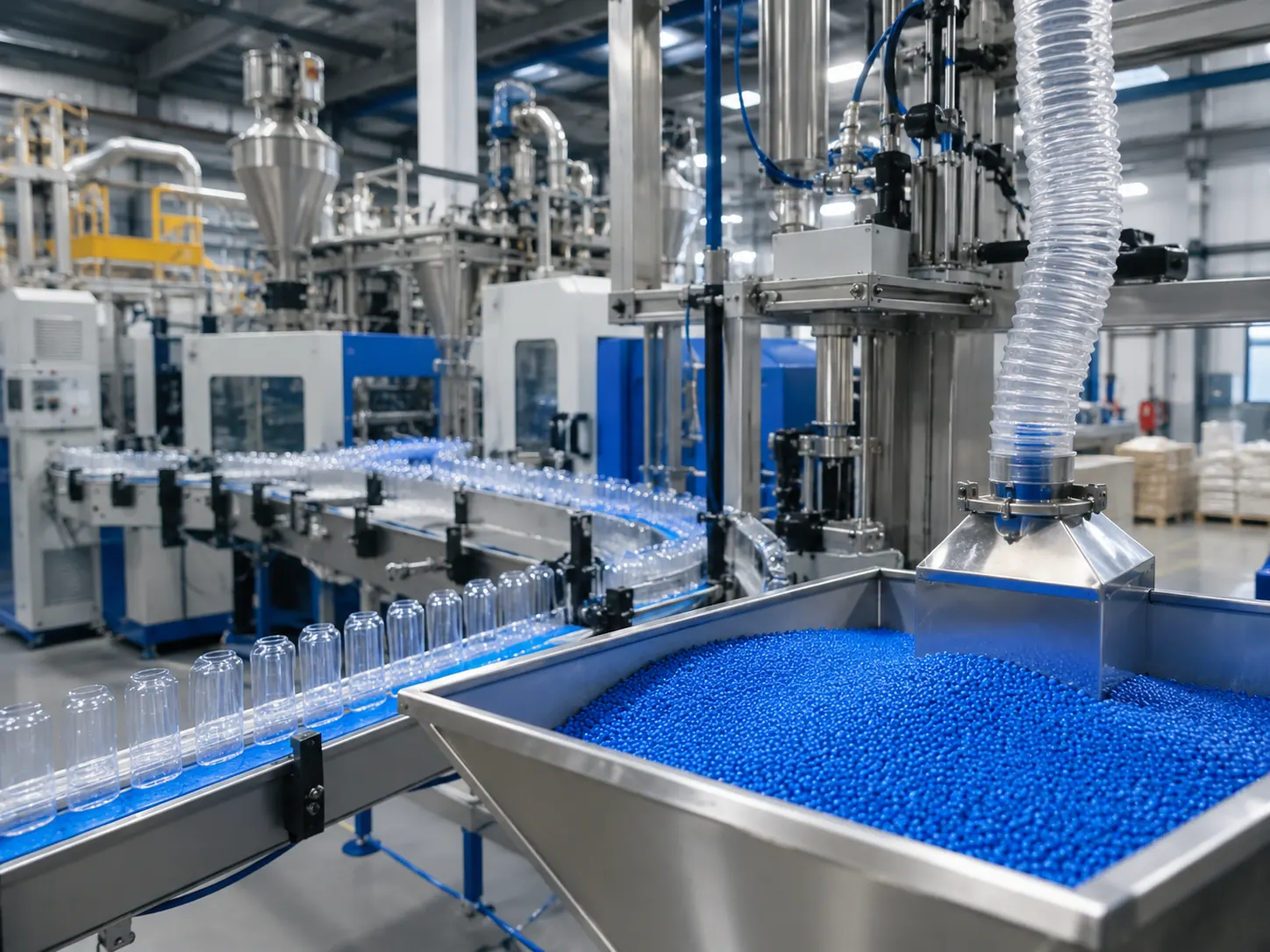 Plastics and packaging production area with resin pellets, hoppers and conveyor equipment