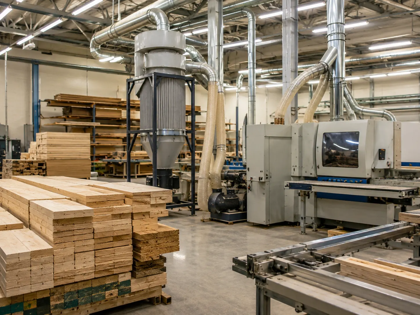 Woodworking production area with lumber, machinery, ductwork and dust collection equipment